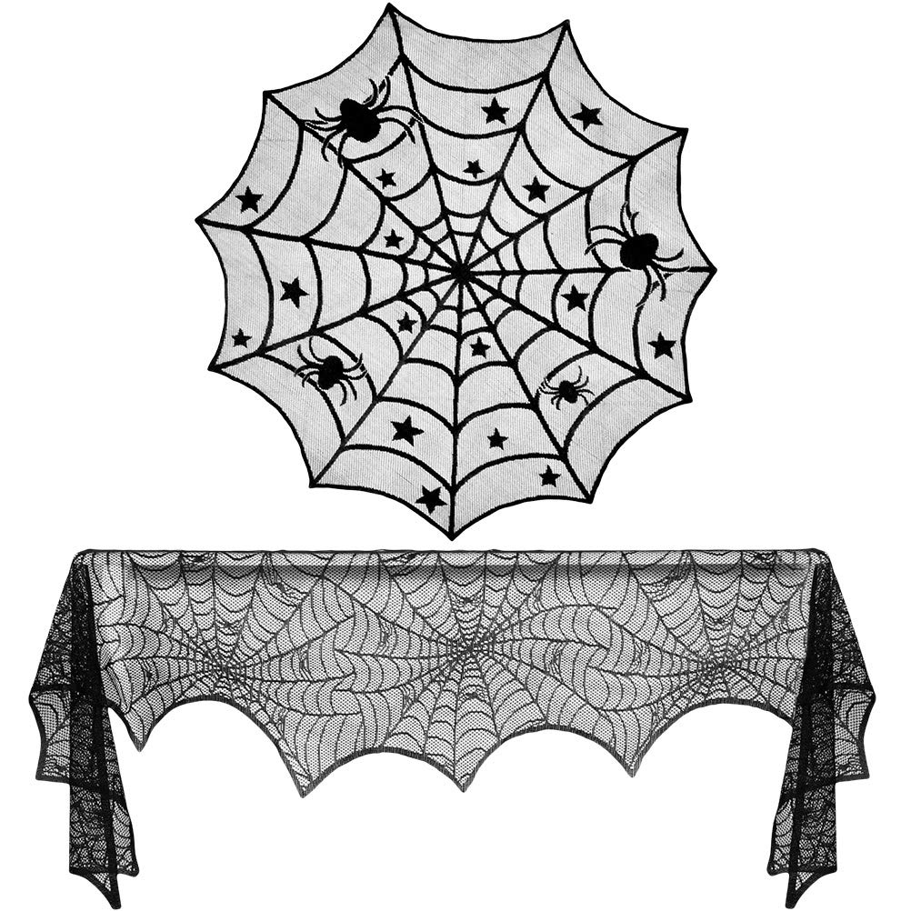 2-Pack Halloween Lace Tablecloth with Spider Web Design - Fireplace & Dining Table Decor for Spooky Party, Haunted House, and Halloween Clearance Sale