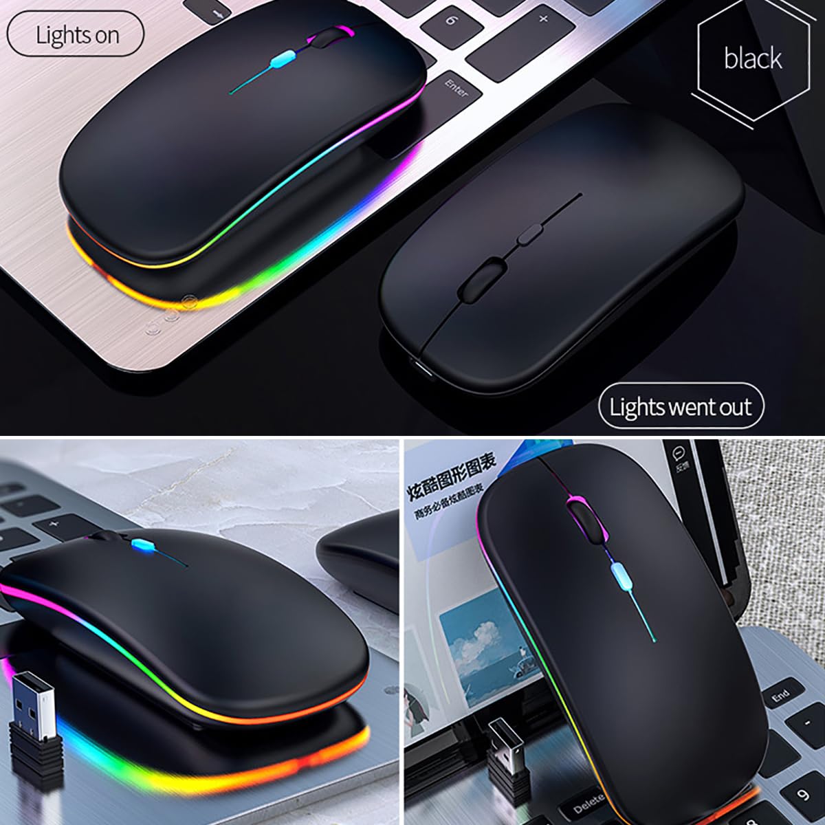 Vinmooog Wireless Rechargeable Ergonomic Bluetooth Mouse - 7 Color Backlit Gaming Mouse with Adjustable 3 DPI & 2.4GHz USB Receiver for PC, Laptop, Office & Gaming (Black) - Perfect for Work, Gaming & Travel