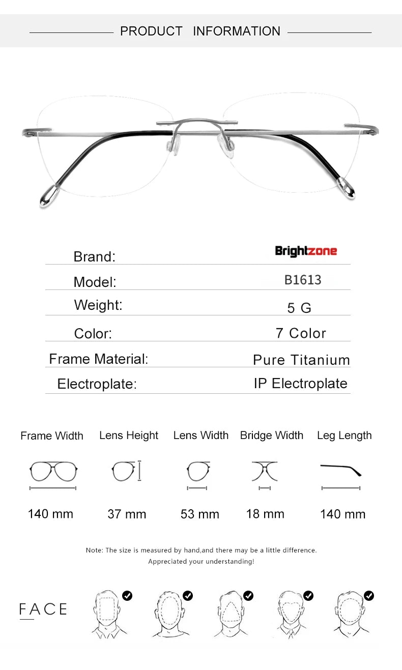 Brightzone Unisex Rimless Polygon Square Titanium Eyeglasses 71613 - Lightweight Durable Frame for Work, Reading & Fashion | Trendy Square Glasses for Men & Women