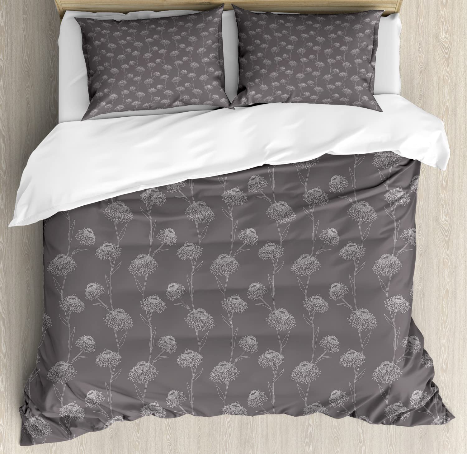 Ambesonne Taupe Duvet Cover Set - King Size 2 Pack with 2 Duvet Covers & 4 Pillowcases | Chrysanthemum Blooms Botanical Design on Dark Background | Gardening Plants Theme Bedding | Perfect for Master Bedroom, Guest Room & Cozy Home Decor