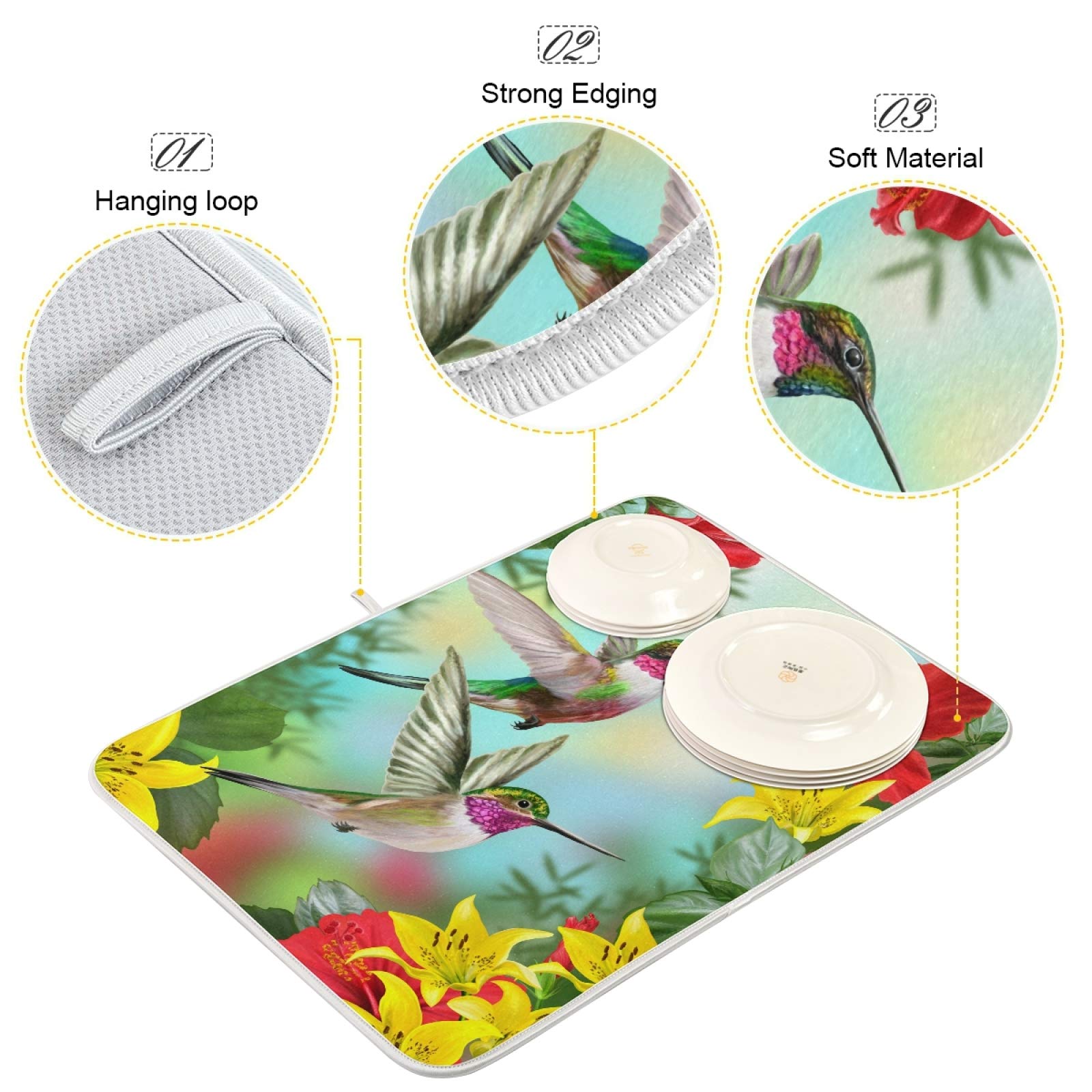 Hummingbird Print Polyester Dish Drying Mat - 24x18 Inch Absorbent Kitchen Counter Mat with Hanging Loop | Waterproof & Quick-Dry for Dishes, Utensils & Cookware | Perfect for Kitchen Sink, Countertop & Drying Rack