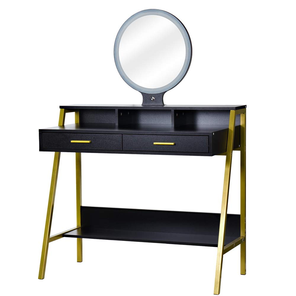 Kcelarec Vanity Table with Mirror - Modern Makeup Dressing Desk for Women & Girls, Bedroom Vanity Set with Stool (Style 5-Black) | Perfect for Cosmetics Storage, Beauty Routine & Home Decor
