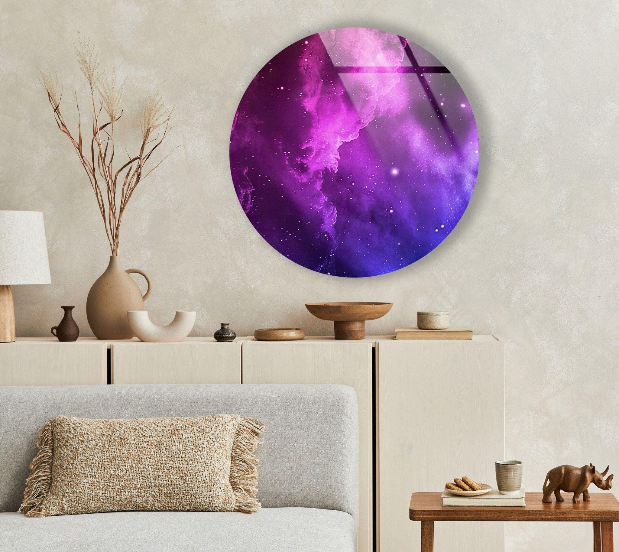 Abstract Round Purple Smoke Glass Wall Art - Modern Home Decor for Living Room, Bedroom & Office - Handmade Glass Wall Hanging for Unique Interior Design