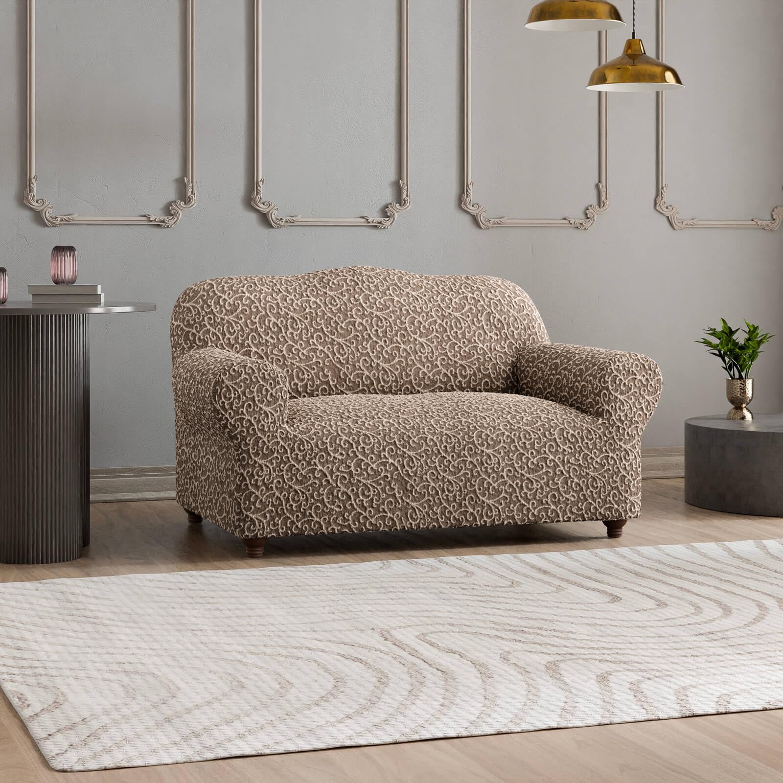 PAULATO BY GA.I.CO. Stretch Loveseat Slipcover - Oversized Chair Cover, Sofa Protector - Washable Jacquard 3D Fabric - Brown Arabesco Design - Perfect for Living Room, Apartment & Home Decor