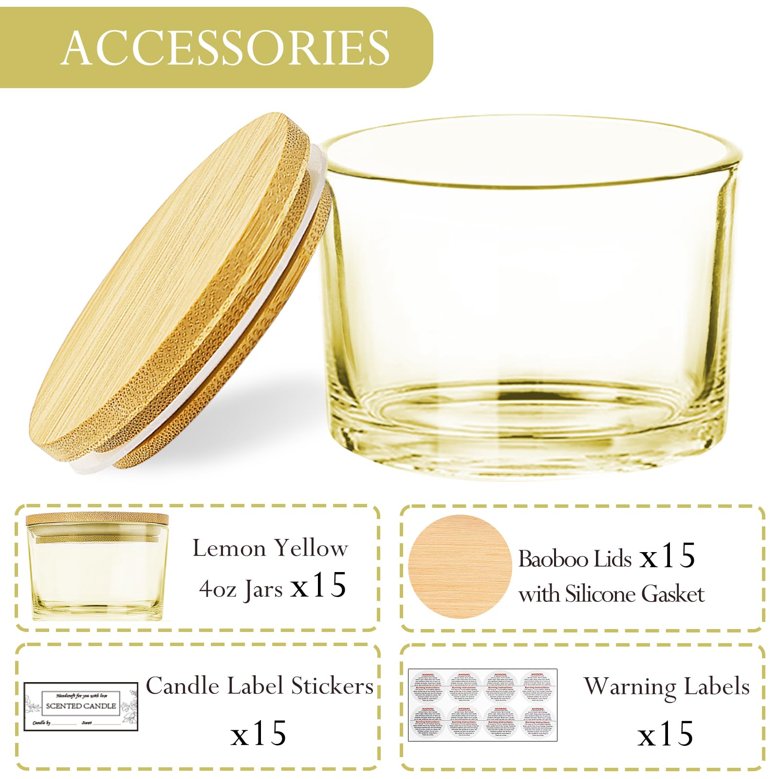 CONNOO 15-Pack 4oz Lemon Yellow Glass Candle Jars with Airtight Bamboo Lids - Bulk Small Wide Mouth Empty Candle Containers for DIY Candle Making, Home Decor & Gifts - Includes Warning Labels & Dishwasher Safe