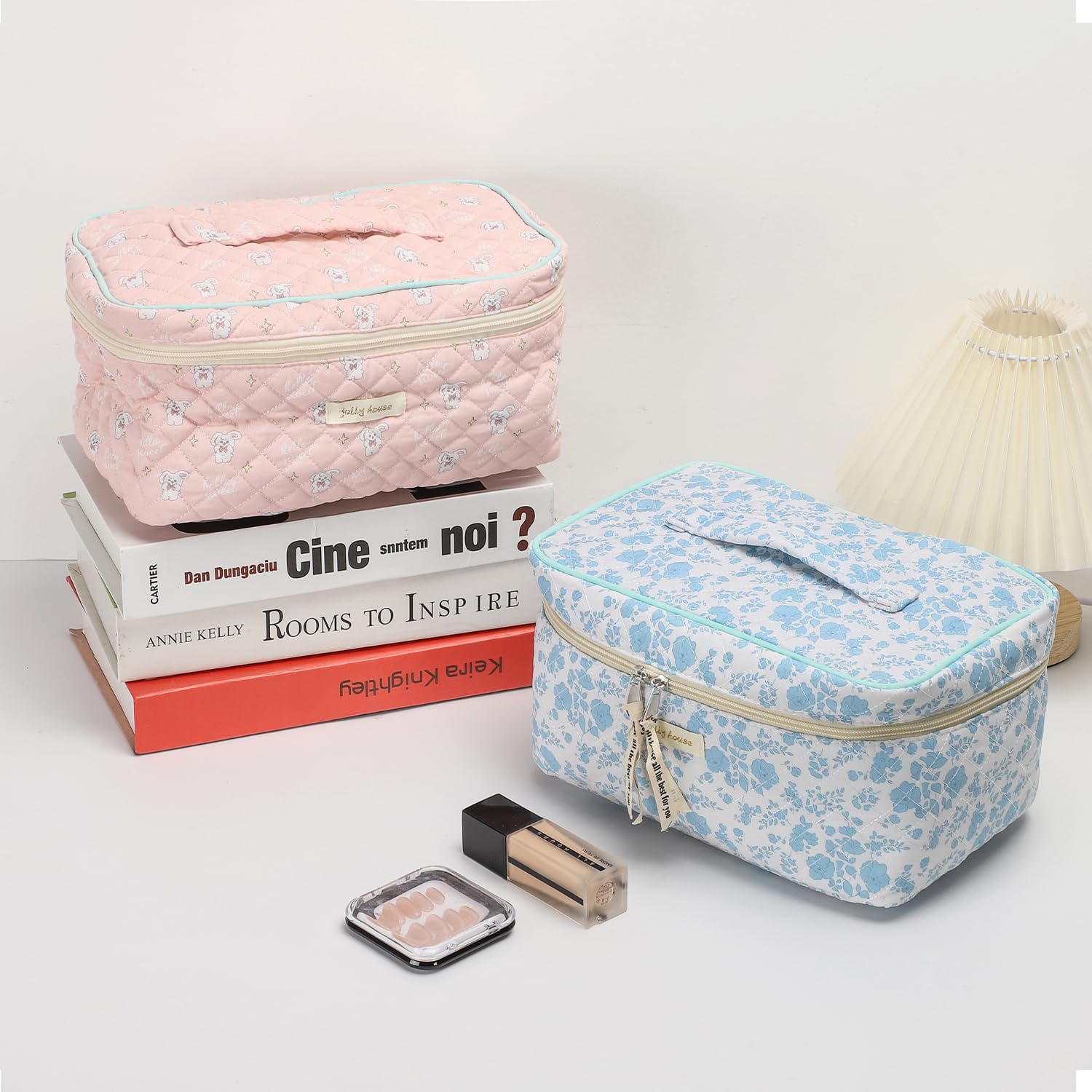 Sightor Large Cotton Makeup Bag for Women - Quilted Cosmetic Travel Organizer with Handle, Cute Aesthetic Floral Toiletry Bag | Perfect for Travel, Gym, Daily Use & Gift Giving
