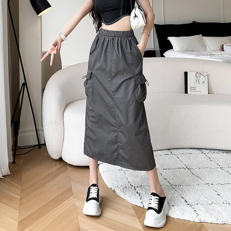 Apricot Elastic Waist Women's Cargo Skirt - Lace-Up Casual Streetwear Skirt in Grey & Black | Perfect for Summer Outfits, Music Festivals & Everyday Wear