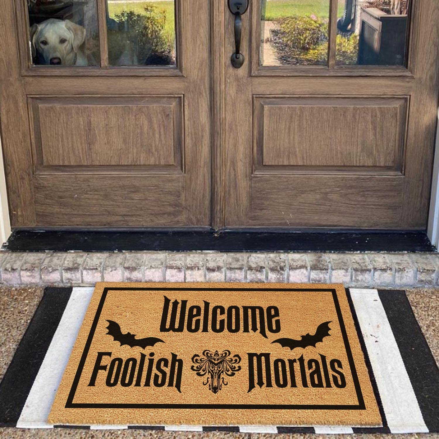 Funny Halloween Doormat - 'Welcome Foolish Mortals' Coir Entryway Rug with Non-Slip PVC Backing, 23.6x15.7 Inch - Durable Coconut Fiber Outdoor Mat for Front Porch, Haunted House Decor & Spooky Home Entrance