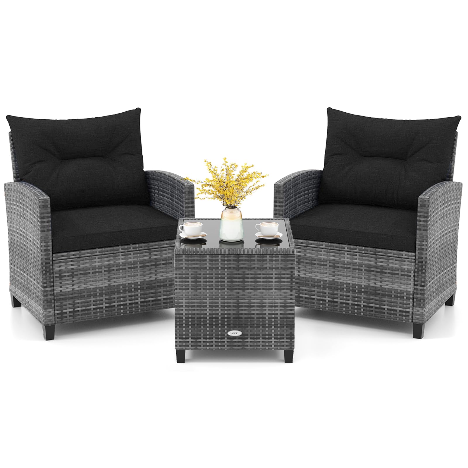 KOTEK 3-Piece Outdoor Patio Furniture Set - PE Rattan Wicker Chairs & Tempered Glass Table with Washable Cushions - Perfect for Garden, Balcony, Porch, Backyard & Poolside Relaxation (Black)