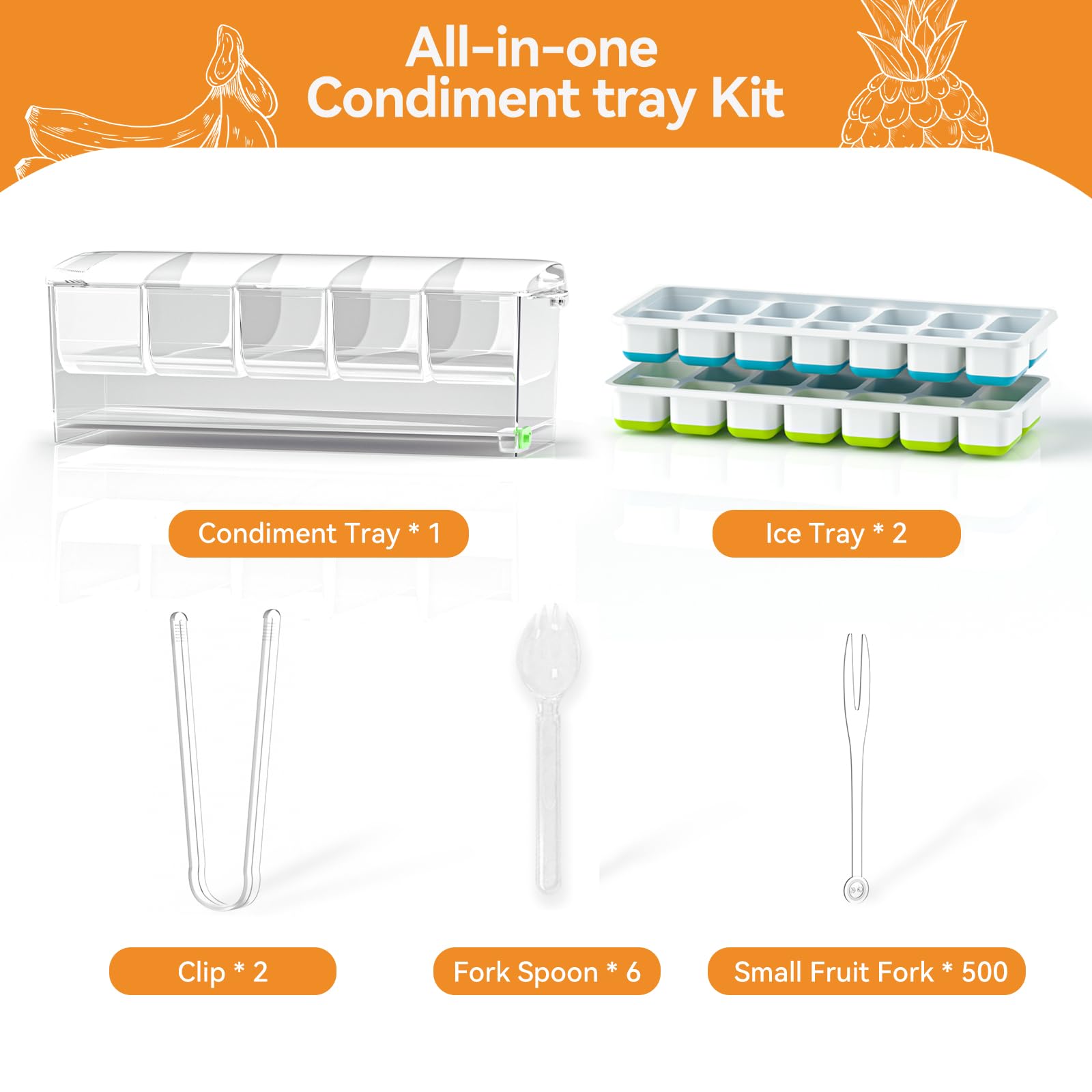 Dimber Chilled Condiment Server with Lid - Ice Cube Tray, 500 Forks, 2 Tongs & 6 Spoons - Versatile Condiment Caddy with Lids for Salad Bars, Mimosa Bars, Fruit Trays & Outdoor Parties