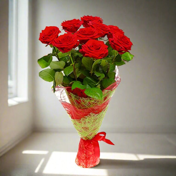 Fresh Natural 9 Red Roses Bouquet - Perfect for Valentine's Day, Anniversaries & Romantic Gifts