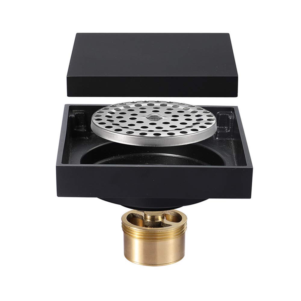 4 Inch Square Shower Drain - Black Brass Bathroom Floor Drain with Removable Cover Grate | Perfect for Modern Bathrooms, Walk-in Showers & Wet Room Installations