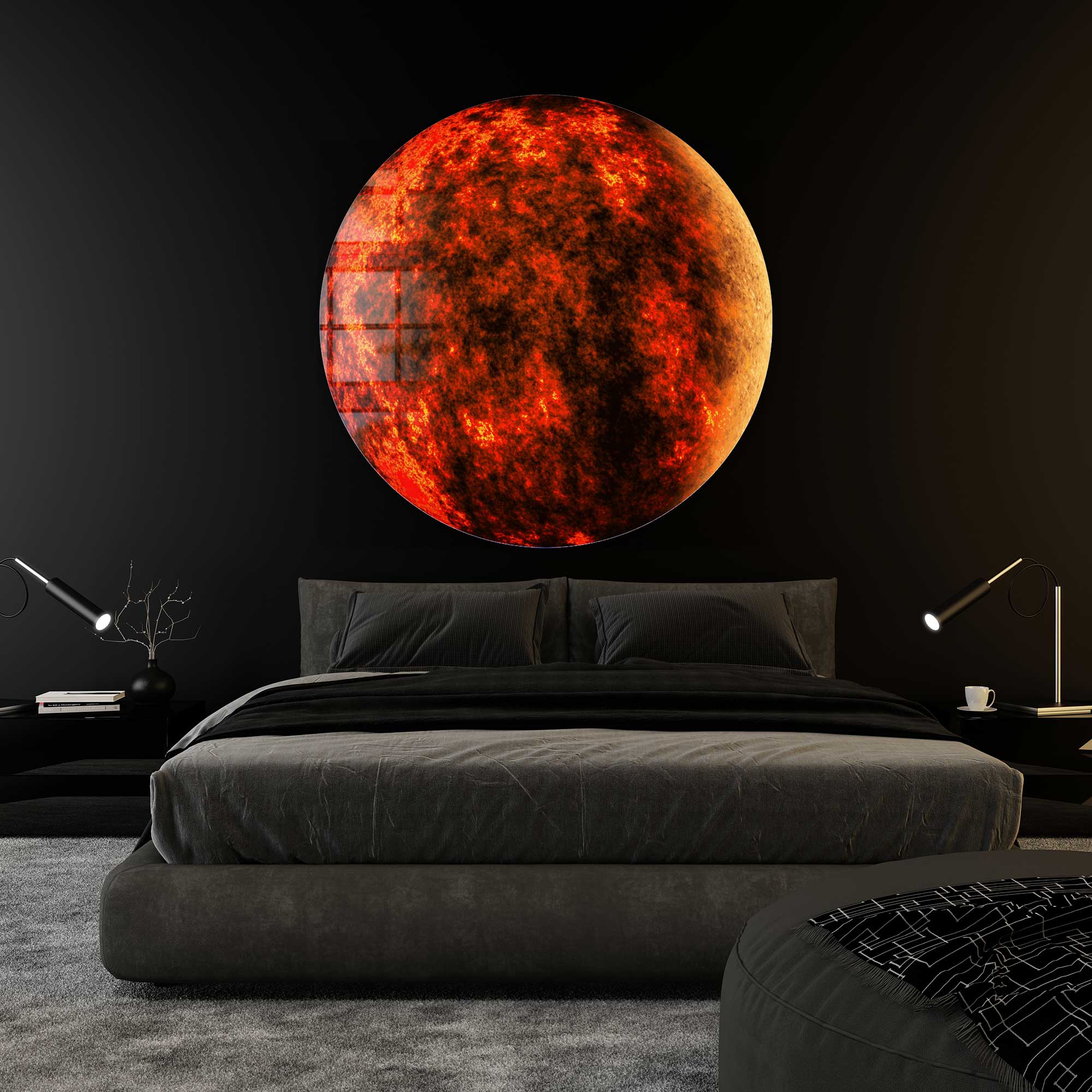Red Planet Rounded Glass Wall Art - Modern Home Decor for Living Room, Bedroom & Office - Unique Space-Themed Interior Design