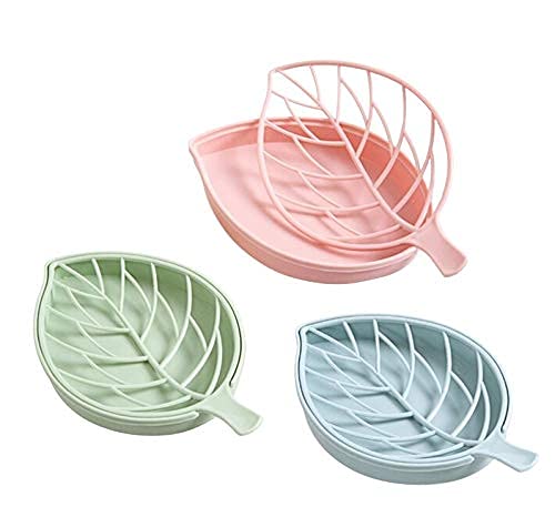iSTAR Plastic 3-Piece Leaf Shaped Double Layer Soap Dish Set - Bathroom Organizer for Shower, Sink, and Countertop (Pink, Blue, Green) - Perfect for Home, Hotel, and Spa Decor