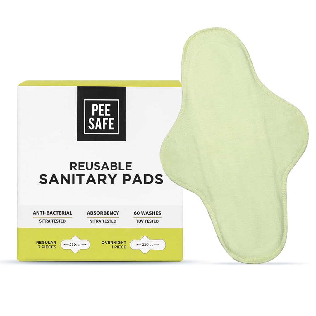 PEESAFE Reusable Sanitary Pads - 4 Pack (3 Regular + 1 Overnight Pads with Leak-Proof Pouch) | Ultra Absorbent, Skin-Friendly, Washable & Eco-Friendly Period Pads | Lasts 1 Year | Perfect for Daily Use, Travel & Active Lifestyle