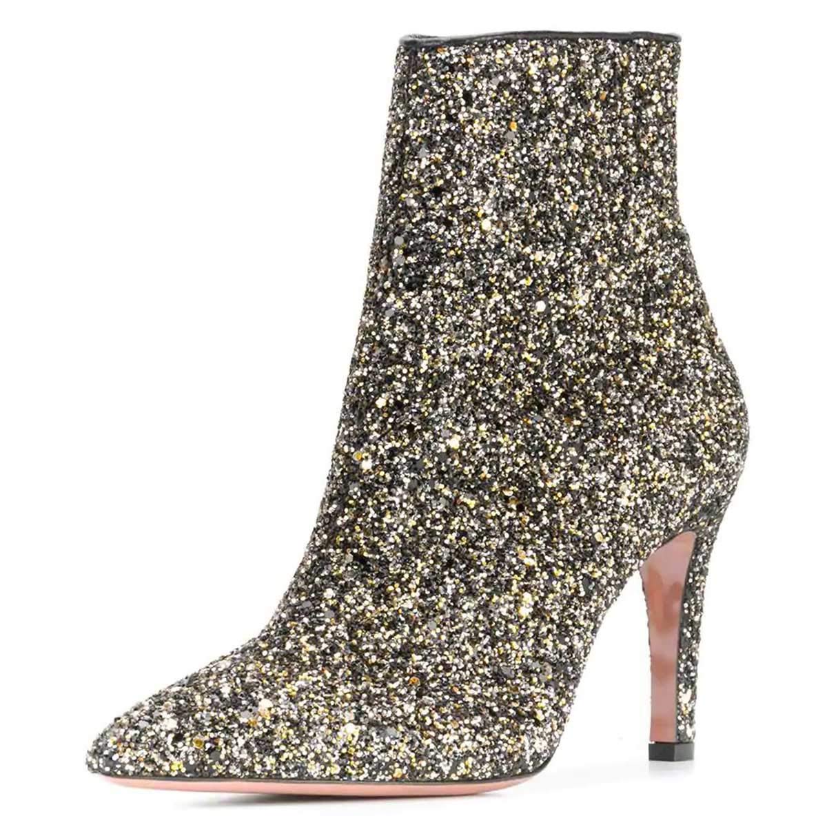 FSJ Women's Sparkle Glitter Ankle Boots - Stiletto Heel Pointy Toe Zip Up Fashion Booties (US Size 4-15) | Perfect for Party, Night Out & Holiday Events