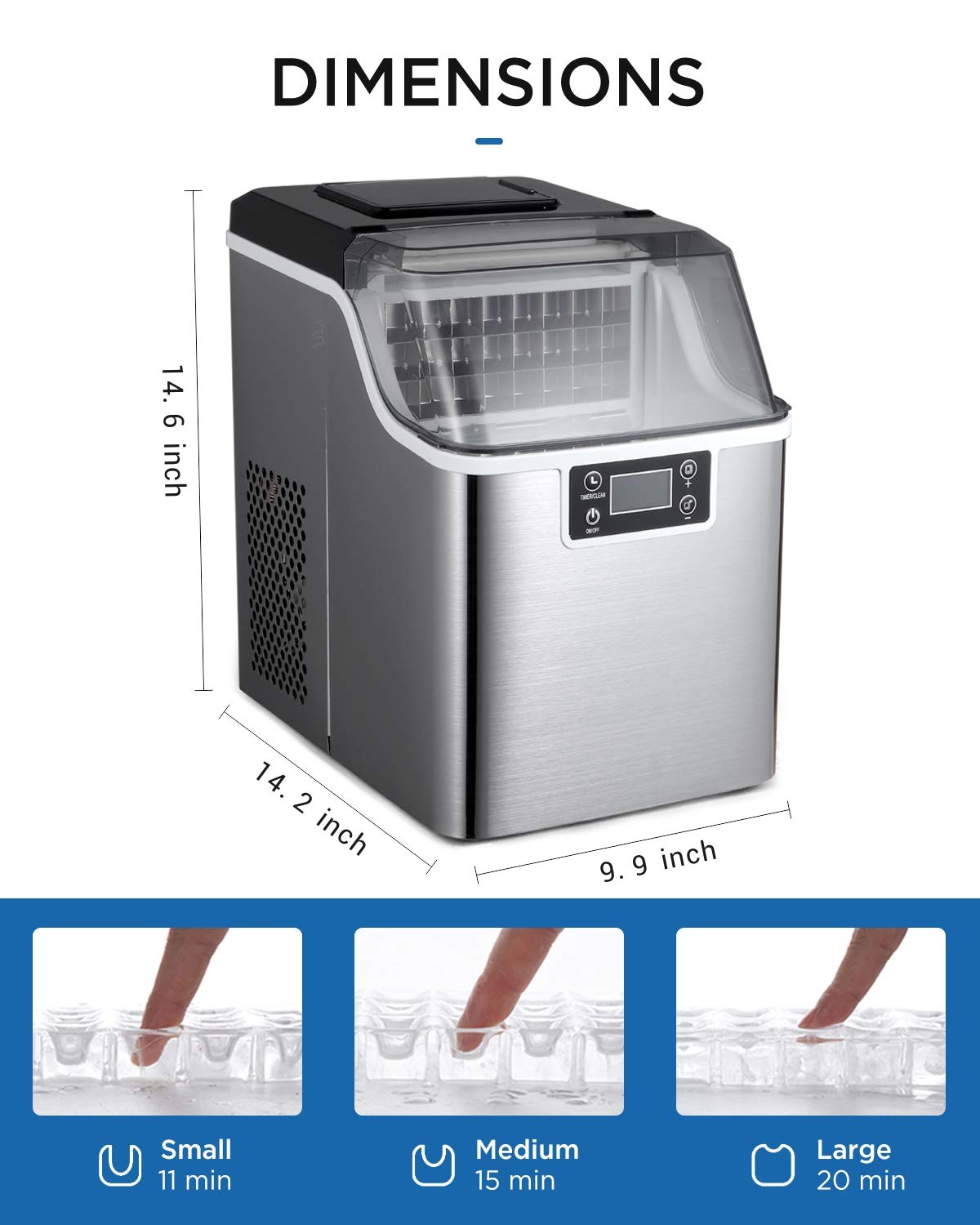 Portable Countertop Ice Maker Machine - 44lbs Daily Output, Stainless Steel Ice Cube Maker with Scoop & 3lb Storage Basket - Perfect for Home, Office, Parties & Outdoor Use