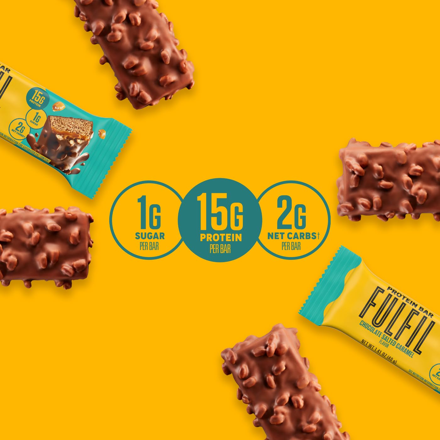 FULFIL High Protein Snack Bars - Chocolate Salted Caramel Flavor, 15g Protein per Bar, 12 Count Pack | Healthy On-the-Go Snacks for Workouts, Hiking & Weight Management