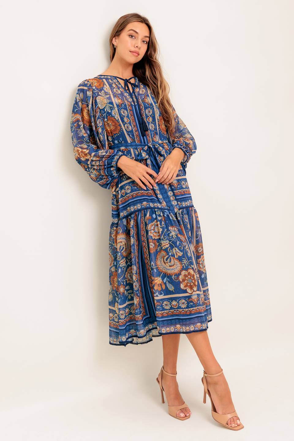Bohemian Blue Midi Dress with Tapestry Print - Perfect for Beach Vacations, Summer Parties & Boho Fashion