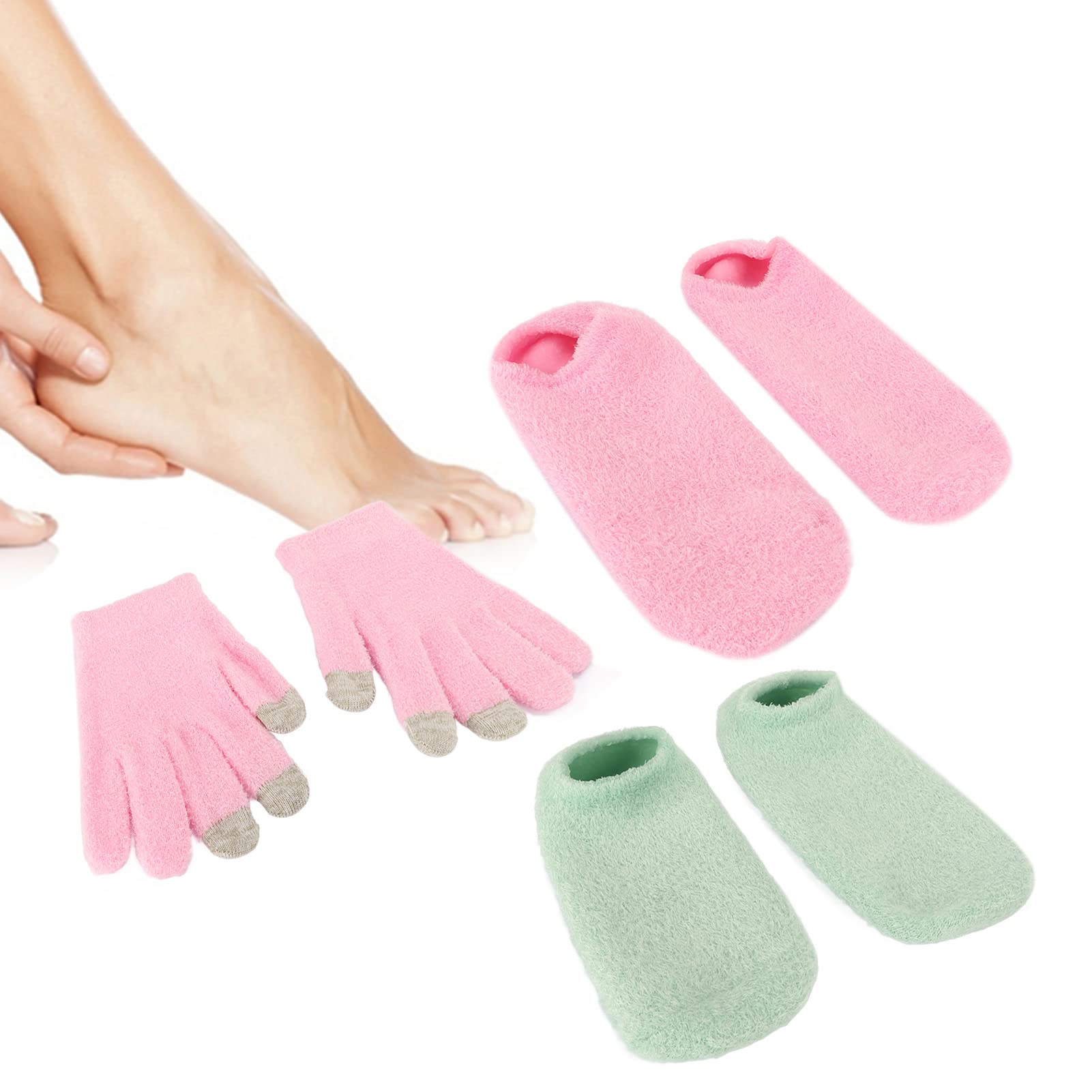 Moisturizing Gel Socks for Dry Cracked Skin - Reusable Touch Screen Gel Gloves for Hand Care & Skin Repair (Pink/Green) - Perfect for Overnight Treatment, Spa Days & Winter Hand Protection