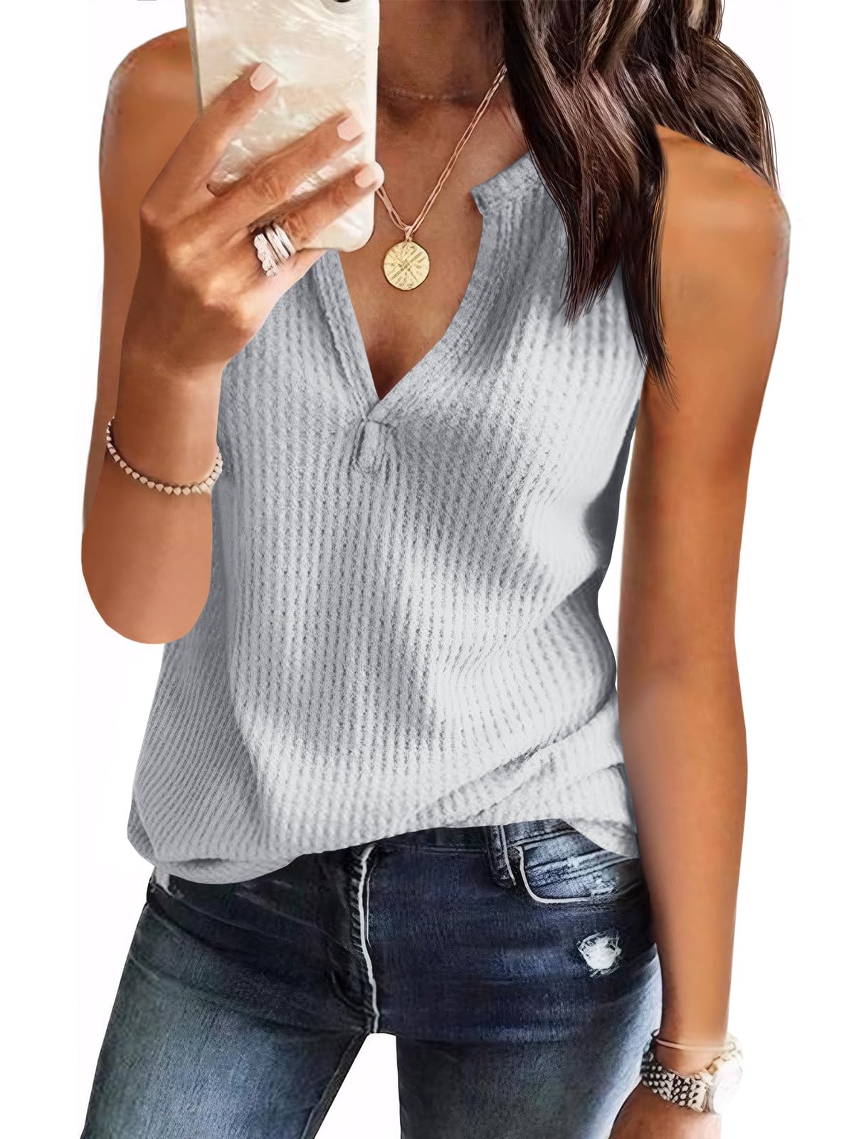Women's V-Neck Waffle Knit Tank Tops - Summer Casual Sleeveless Loose Fit Tee Shirts for Women | Perfect for Beach, Gym, Yoga & Everyday Wear