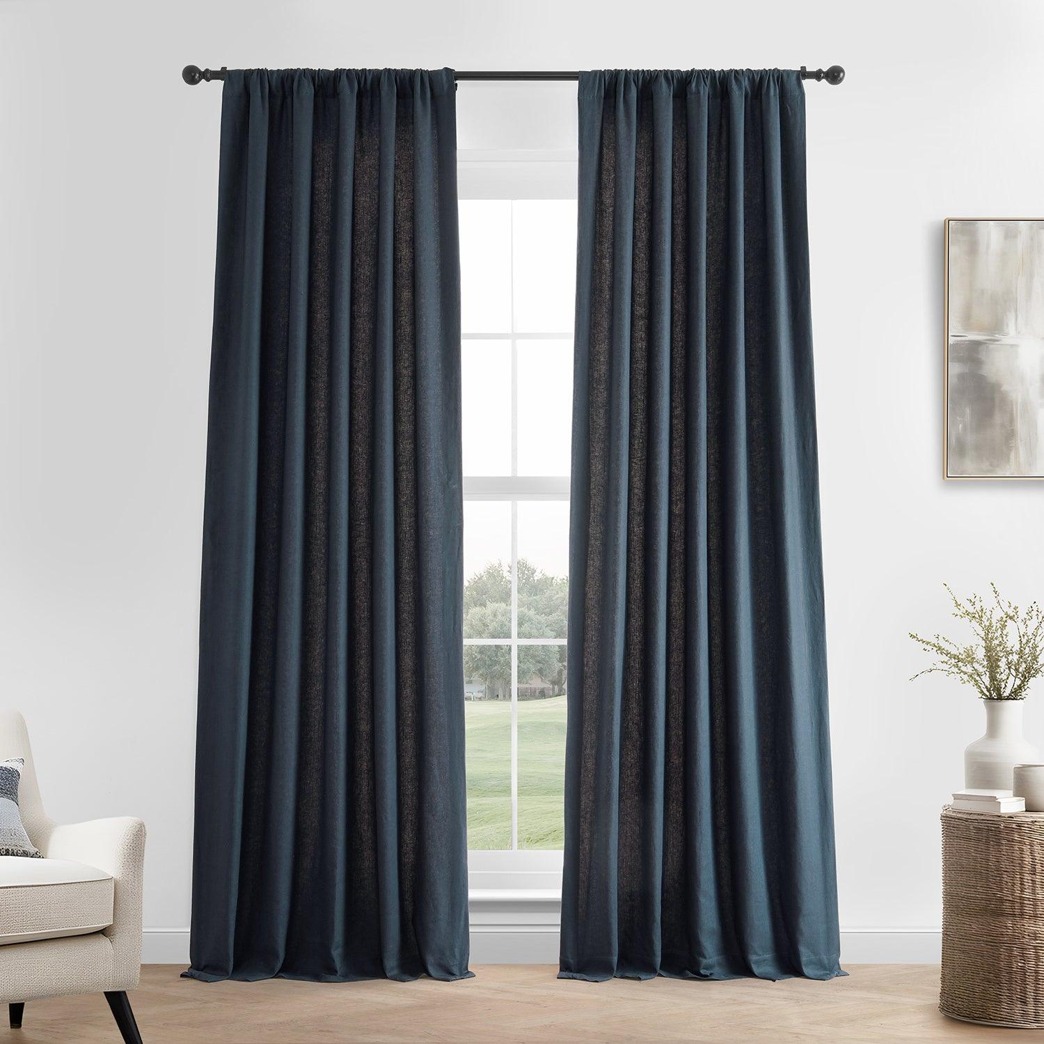 Premium French Linen Blackout Curtains - Navy Blue Thermal Insulated Window Drapes for Bedroom & Living Room - Light Blocking & Noise Reducing Home Decor