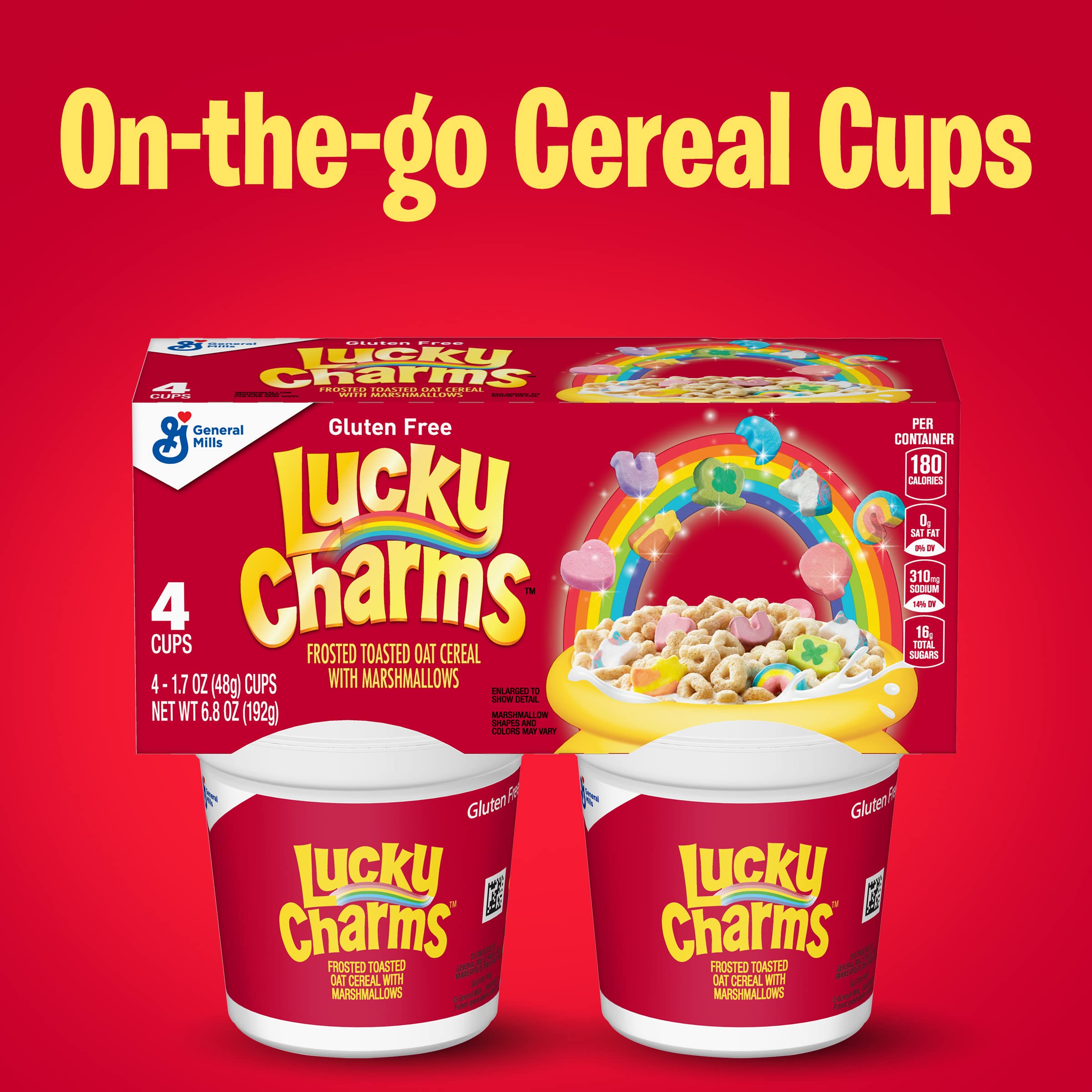 Lucky Charms Gluten Free Cereal with Marshmallows - 4 Pack (6.8oz Cups) - Breakfast Cereal for Kids & Adults - Perfect for School Lunches, Snacks & Family Breakfast