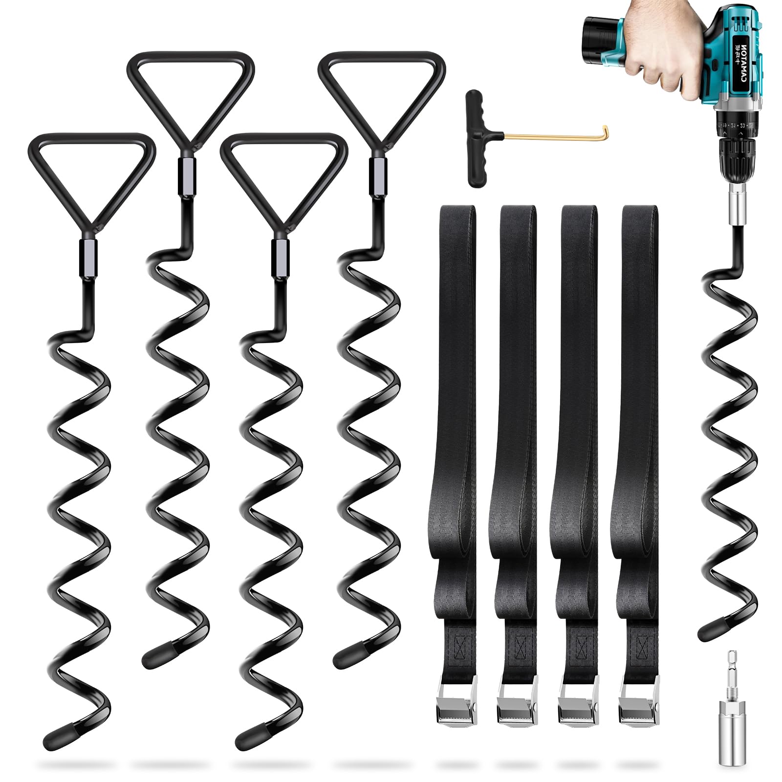 Heavy Duty Trampoline Anchors Kit - 4 Pack Screw-In Ground Stakes with Straps for High Wind Stability - Secure Outdoor Trampolines for Kids & Backyard Safety