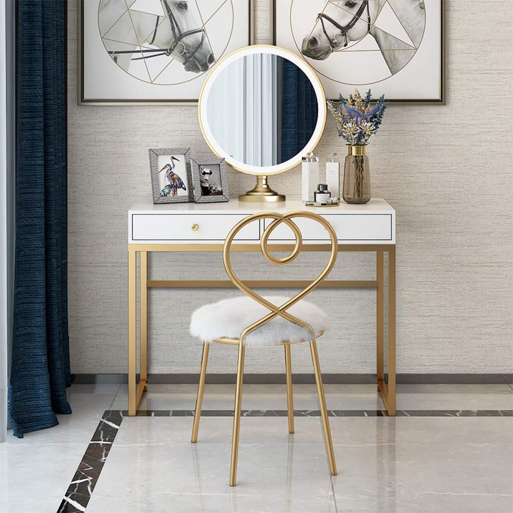 Modern White & Brass Office Desk with 2 Storage Drawers - HomVent Contemporary Writing Computer Desk for Home Office, Study Room, or Vanity Makeup Station - Sturdy Metallic Legs & Spacious Work Surface