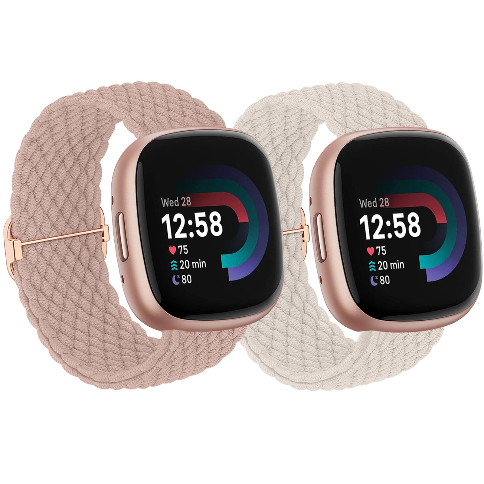 BXKM 2 Pack Braided Nylon Watch Band for Fitbit Versa 4/3/Sense 2 - Soft Adjustable Solo Loop Strap for Women - Comfortable & Breathable for Workouts, Running & Daily Wear