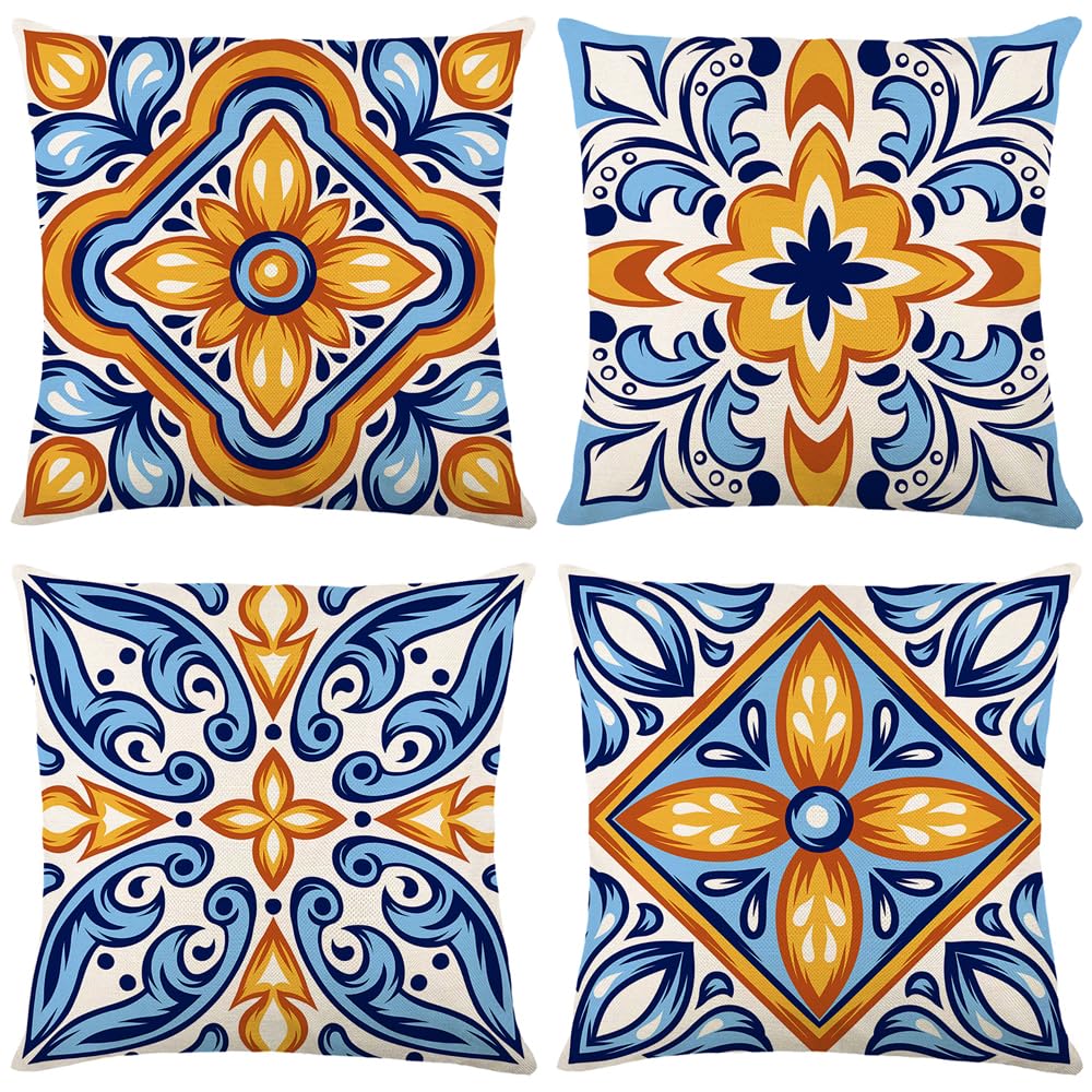 Wyooxoo Decorative Pillow Covers 20x20 Inch - Set of 4 Blue Linen Boho Farmhouse Throw Pillow Cases for Outdoor Fall Decor - Perfect for Couch, Sofa, Bedroom, Living Room, Patio & Car Accessories