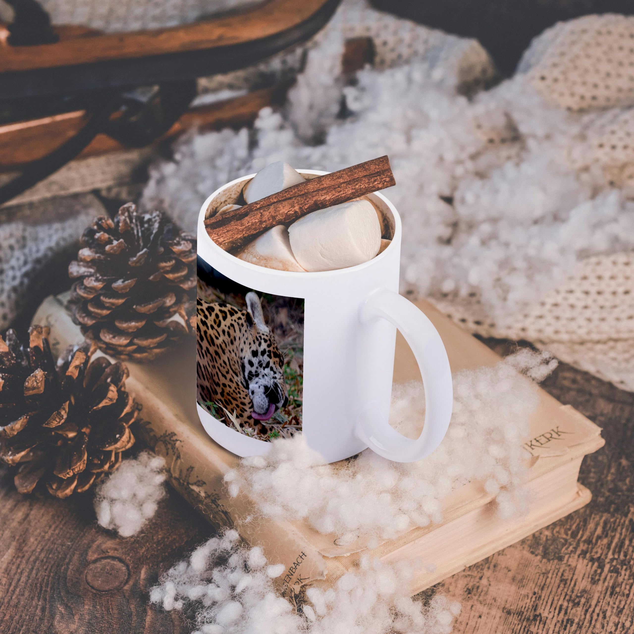 3D Rose White 11 oz Ceramic Mug with Jaguar Licking Leg Design - Perfect for Coffee, Tea, or Gift Giving at Home or Office