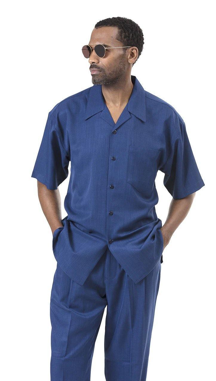 Montique Men's 2-Piece Short Sleeve Walking Suit - Solid Sapphire Blue - Lightweight Comfortable Outfit for Summer, Travel & Casual Wear