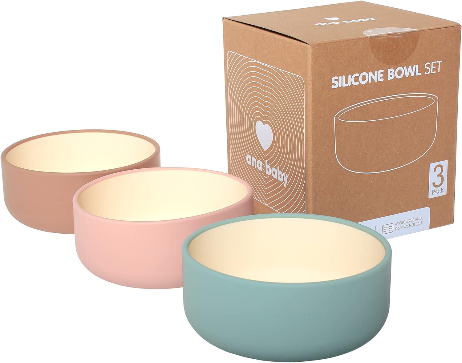 Ana Baby Pack of 3 Pastel Color Silicone Bowls - BPA Free, Food Grade, Dishwasher & Microwave Safe - Ideal for Baby Weaning, Toddler Meals & Snack Storage