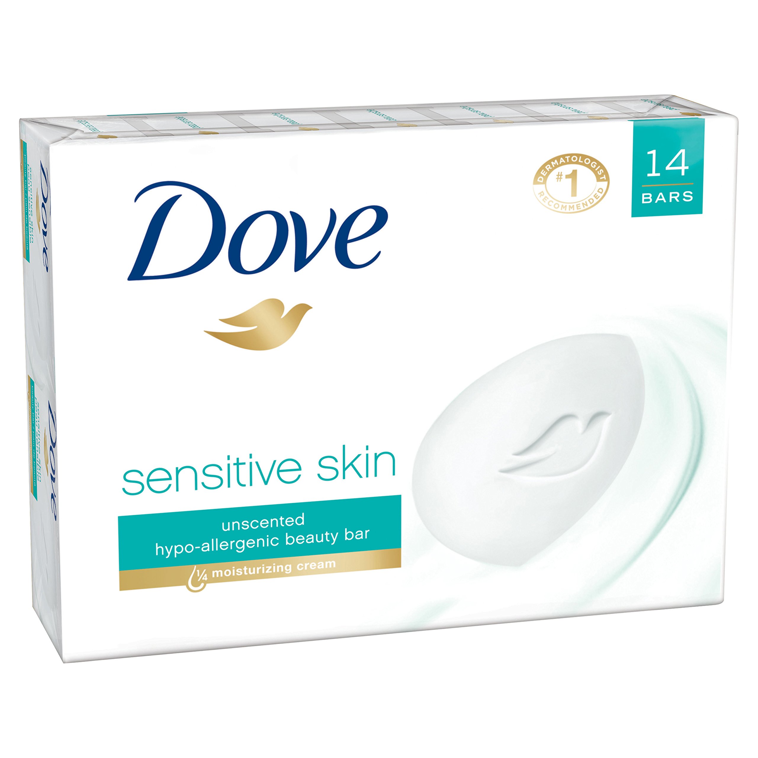 Dove Sensitive Skin Beauty Bar Soap - 4 oz (14 Bars) | Hypoallergenic, Fragrance-Free, Moisturizing for Dry & Sensitive Skin | Gentle Cleansing for Face & Body, Daily Skincare Routine