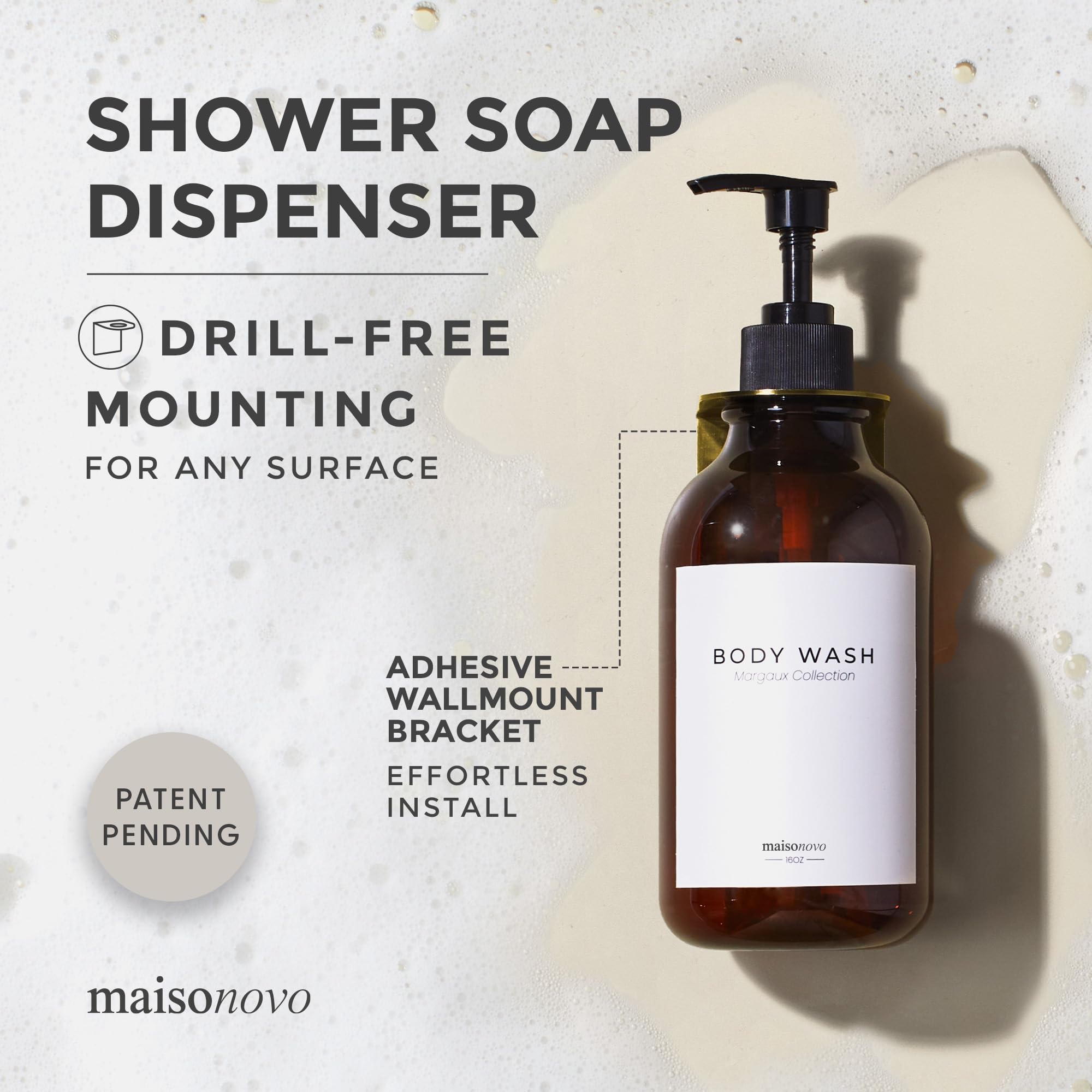 **MaisoNovo 3-Chamber Shampoo & Conditioner Dispenser Set - Wall Mounted Shower Soap Dispenser with Black Pump - 16.9 fl oz Amber Plastic Bottles - No Drill Installation - Perfect for Bathroom, Spa & Gym Organization**