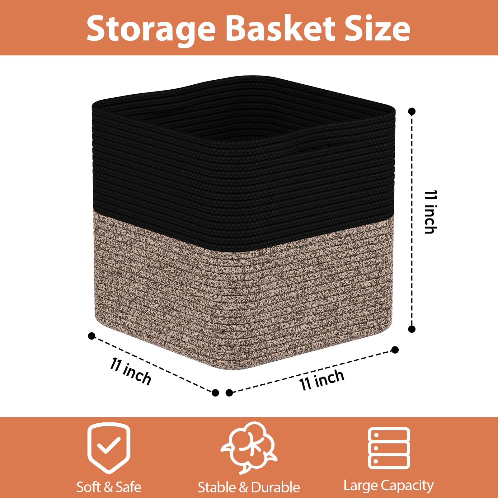 11 Inch Woven Cotton Rope Storage Baskets - 3 Pack Organizer Bins with Handles for Toys, Blankets, Laundry | Decorative Home Storage for Living Room, Bedroom & Closet (Black & Brown) | Perfect for Nursery, Playroom & Bathroom Organization