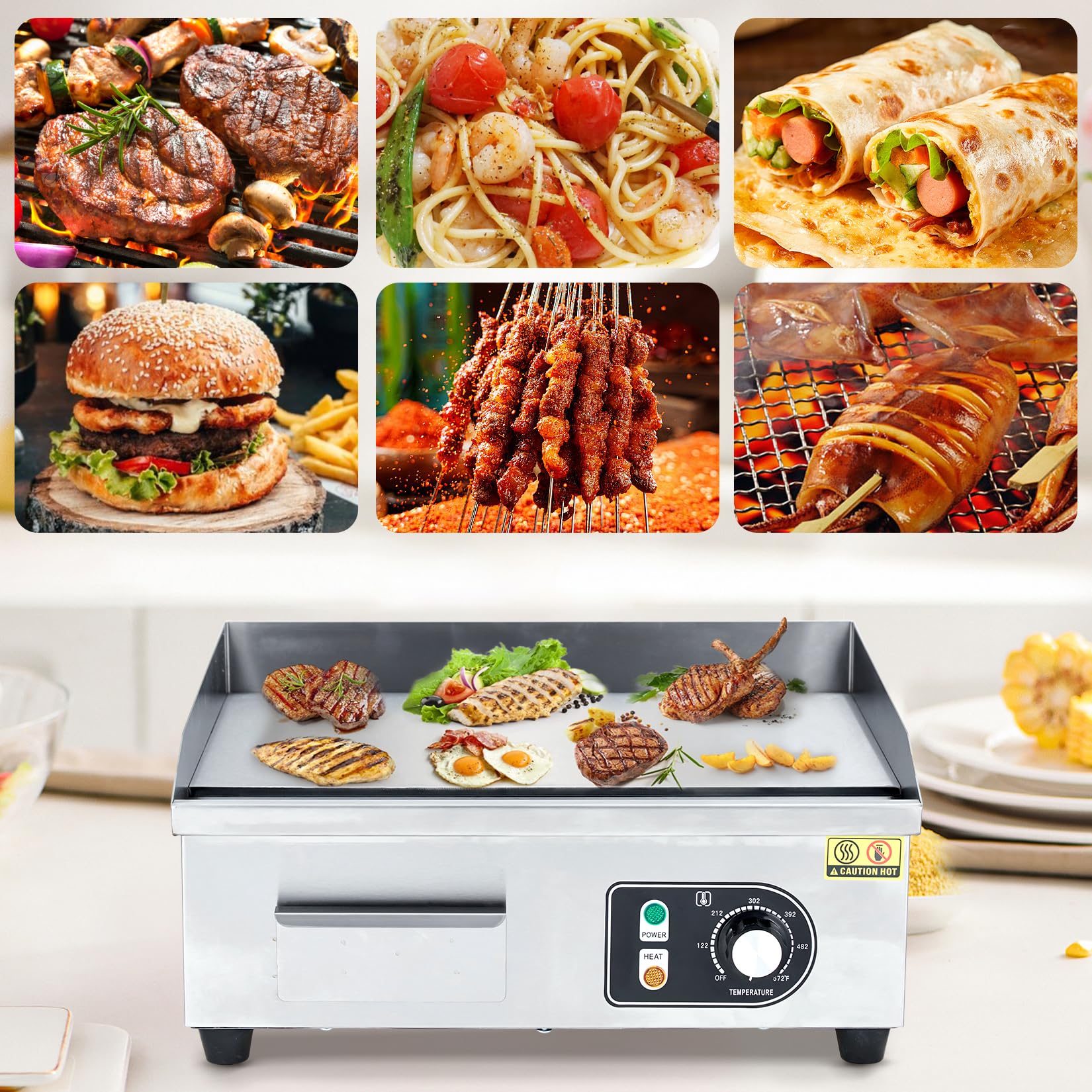 GARVEE 18 Inch Commercial Electric Grill - 1600W Non-Stick Stainless Steel Griddle with Adjustable Temperature (122°F-572°F) - Perfect for Home Kitchen, Restaurant, BBQ Party & Outdoor Cooking (No Plug Included)