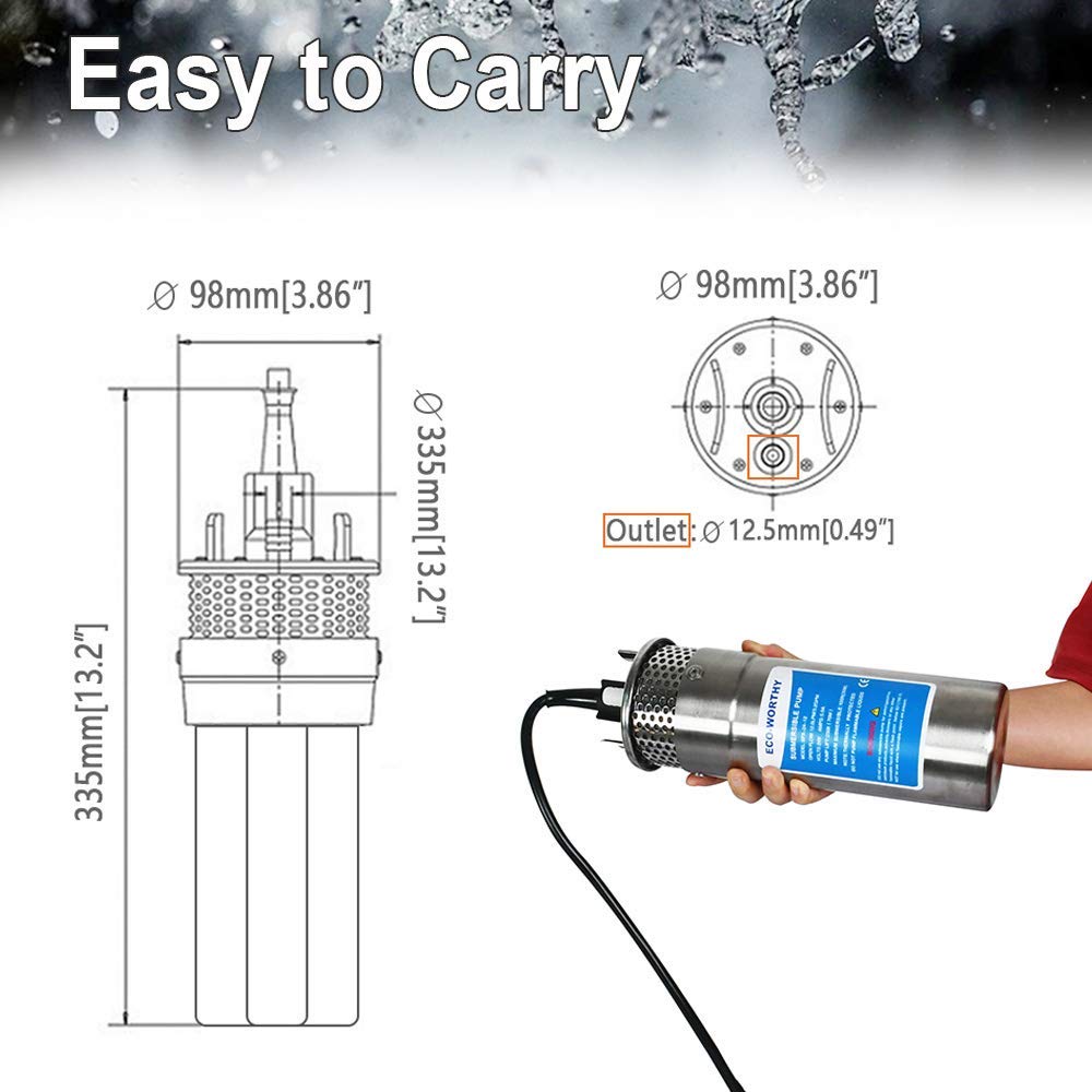 ECO-WORTHY 12V DC Submersible Deep Well Water Pump - 3.2GPM Flow Rate, 230ft Max Head, Solar/Battery Powered - Ideal for Wells, Livestock Watering, Irrigation & Tank Filling | Perfect for Off-Grid Homes, Farms & Emergency Water Supply