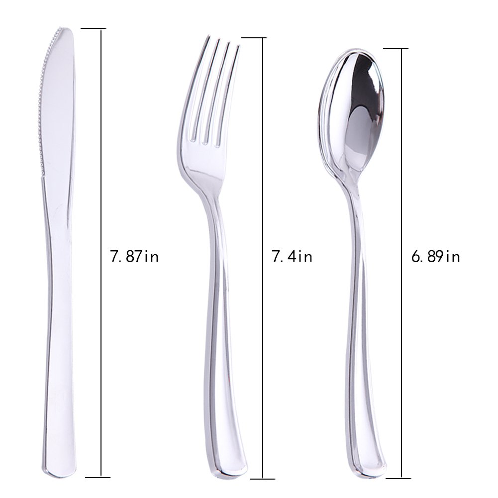 Nervure 300-Piece Silver Plastic Cutlery Set - Heavy Duty Disposable Flatware Includes 100 Forks, 100 Knives, 100 Spoons - Perfect for Parties, Weddings, Catering, Picnics & Outdoor Events