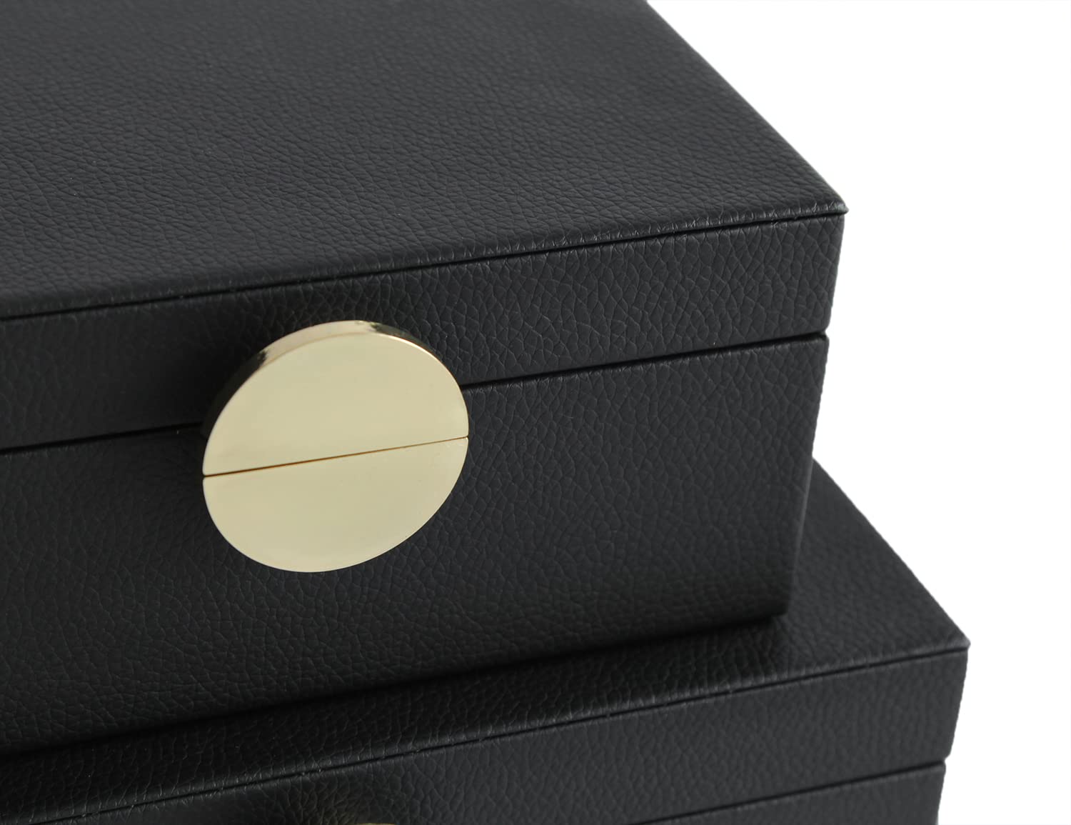 HofferRuffer Faux Leather Jewelry Organizer Box Set of 2 - Black Vegan Leather Storage Case with Gold Hardware for Necklaces, Rings & Earrings - Perfect for Bedroom Dresser, Vanity Table & Travel Accessories