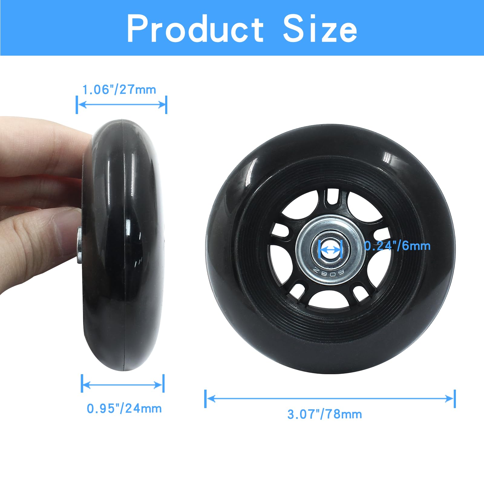 2 Pack 78mm x 24mm Replacement Luggage Wheels - Durable Suitcase Caster Wheels with Bearings for Travel Bags & Rolling Cases (Black) - Perfect for Smooth Airport Navigation & Business Trips