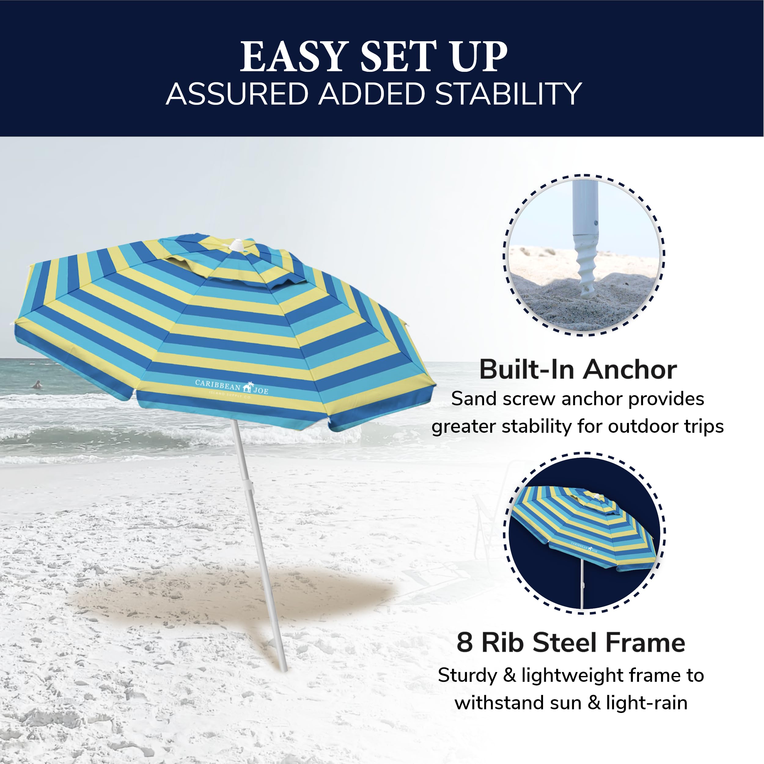 Portable Adjustable Tilt Beach Umbrella with UV Protection & Vented Canopy - 6.5 ft Wide Arc for Sun Shade - Perfect for Poolside, Backyard, Picnics & Beach Vacations