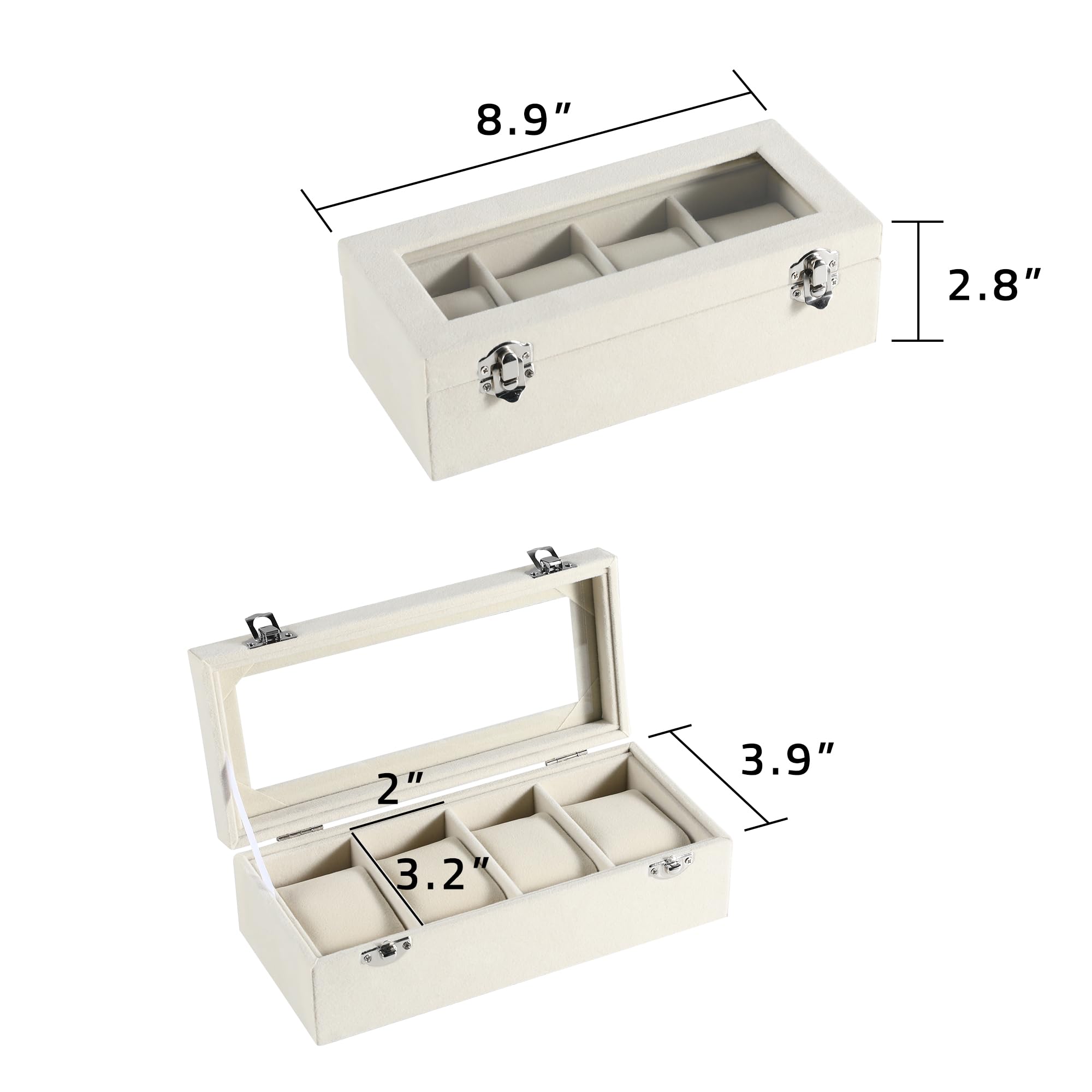 Frebeauty 4-Slot Velvet Watch Box with Glass Lid & Lock - Luxury Watch Organizer for Men & Women - Elegant Watch Display Case & Storage - Perfect Gift for Watch Collectors (Beige) - Ideal for Home, Office & Travel Use