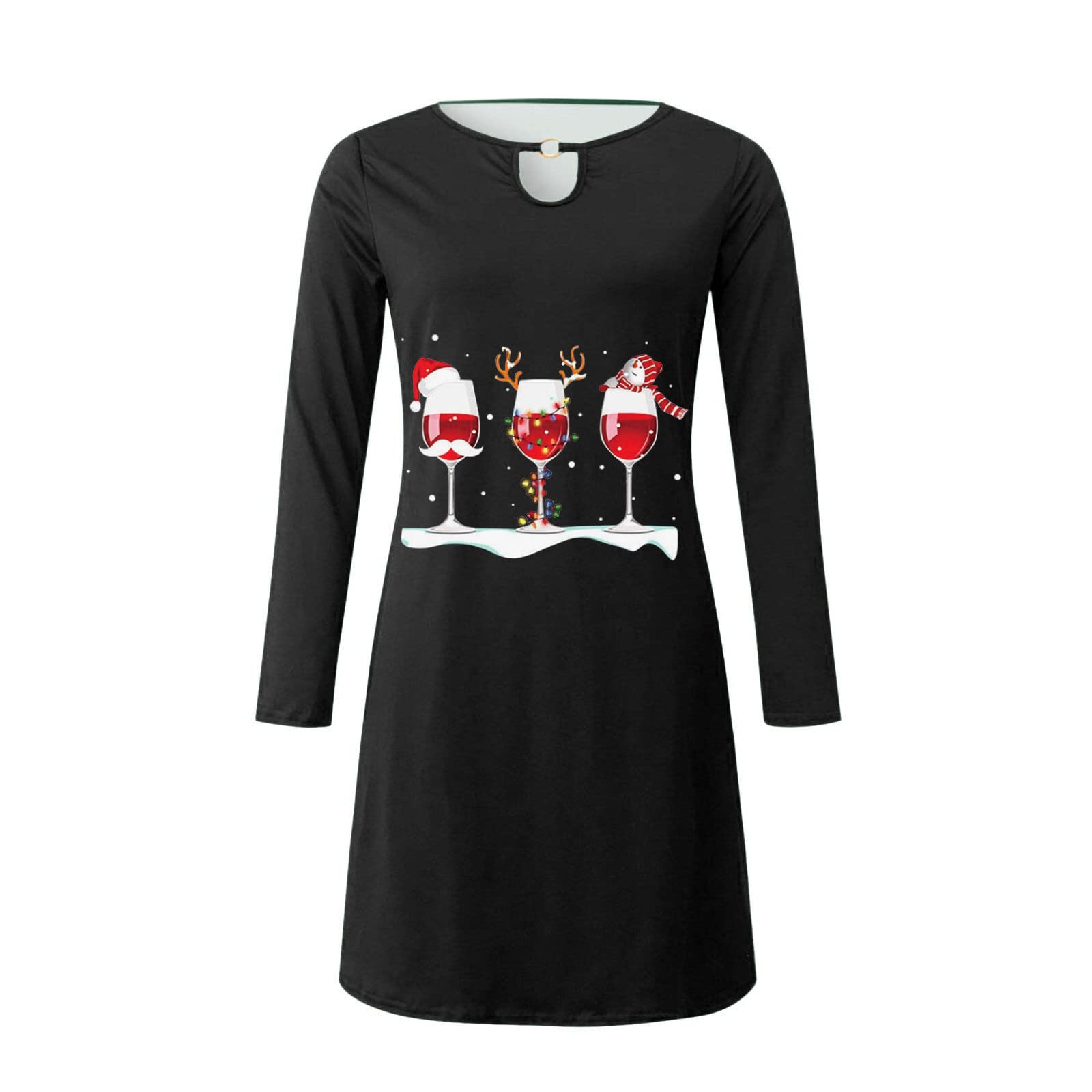 AMhomely Women's Christmas Oversized Jumper Dress - Xmas Wine Glass Print Long Sleeve O-Neck Pullover Sweater Plus Size Sweatshirt Tunic (G-Black, XXL) | Holiday Party Outfit, Casual Winter Wear, Gift for Her