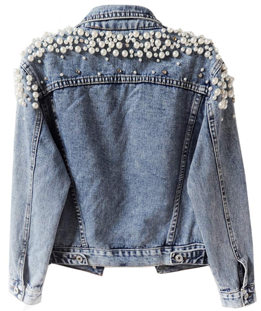 Kedera Women's Embroidered Rivet Pearl Denim Jacket - Stylish Short Jean Coat for Casual Outings, Date Nights & Spring Fashion