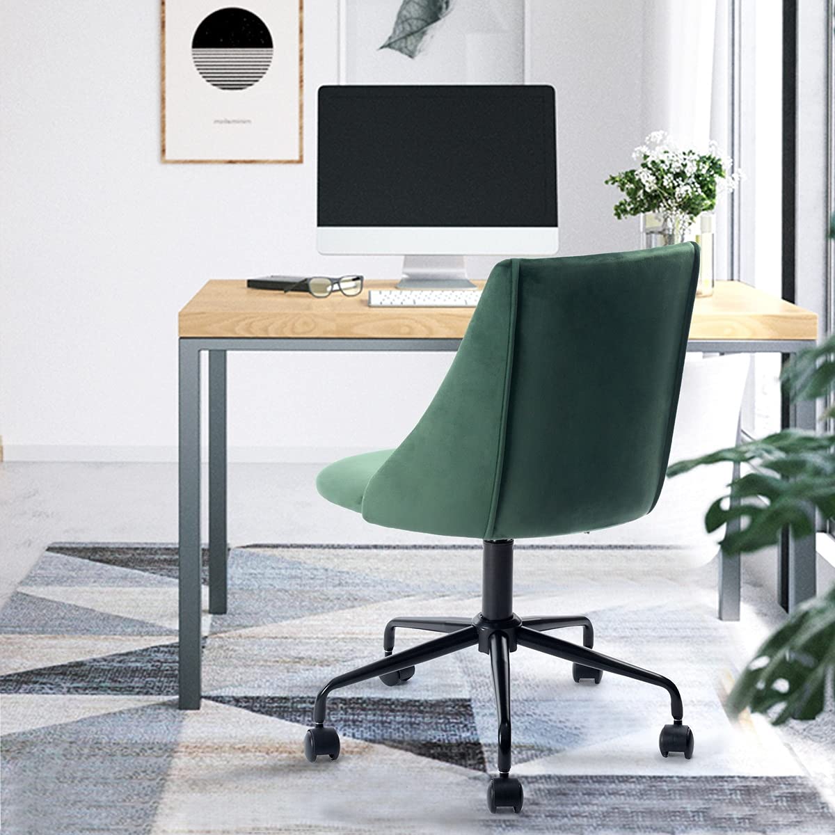 LYBJ Green Upholstered Office Chair - Adjustable Swivel Ergonomic Desk Chair with Lumbar Support for Home Office, Computer Work or Study | Comfortable Task Chair for Long Hours Sitting