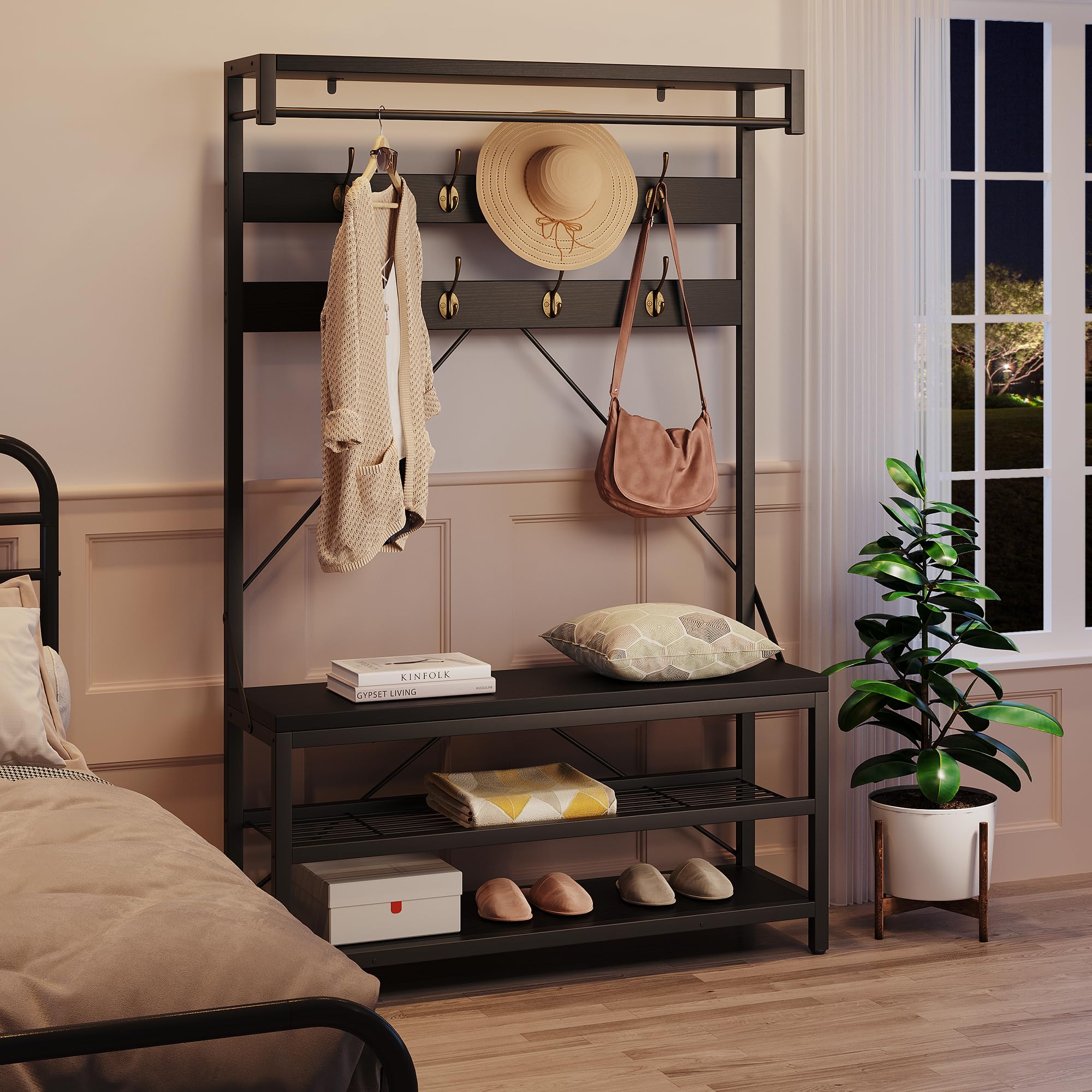 IDEALHOUSE Industrial Coat Rack Shoe Bench with Storage Shelf & 8 Hooks - 39.9