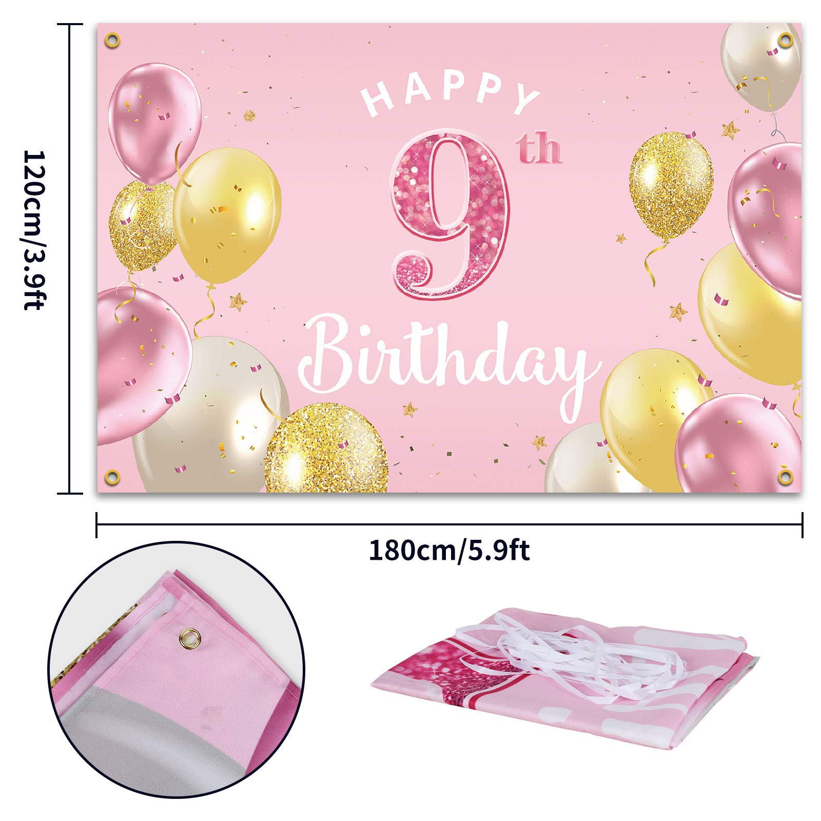 Happy 9th Birthday Backdrop Banner - Pink 3.9x5.9ft Party Decorations for Girls - Perfect for Birthday Celebrations, Photo Booths & Indoor Events