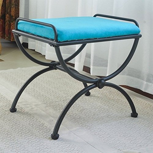 Pemberly Row Aqua Blue Iron Vanity Bench - Sturdy Makeup Stool with Upholstered Seat for Bedroom, Bathroom & Dressing Room - Perfect Vanity Chair for Women & Girls